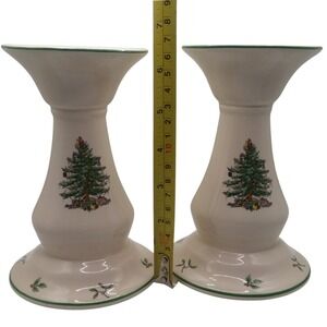 Spode Christmas Tree Candlestick Holders Pair S 3324-A8 6 1/2" Cream Green Holly